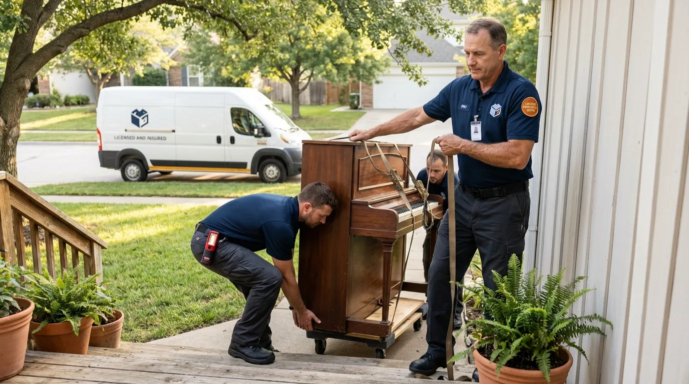 Licensed piano movers securing grand piano in Molino, FL