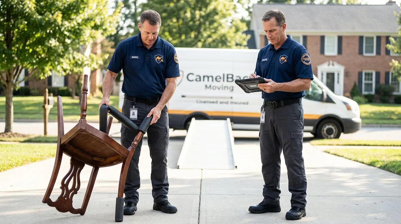 Movers inspecting furniture for damage prevention before loading in Molino, FL