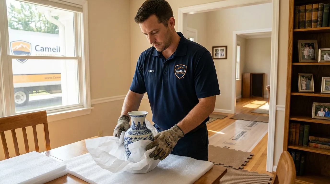 Professional crew carefully wrapping antique vase for senior downsizing move in Molino, FL