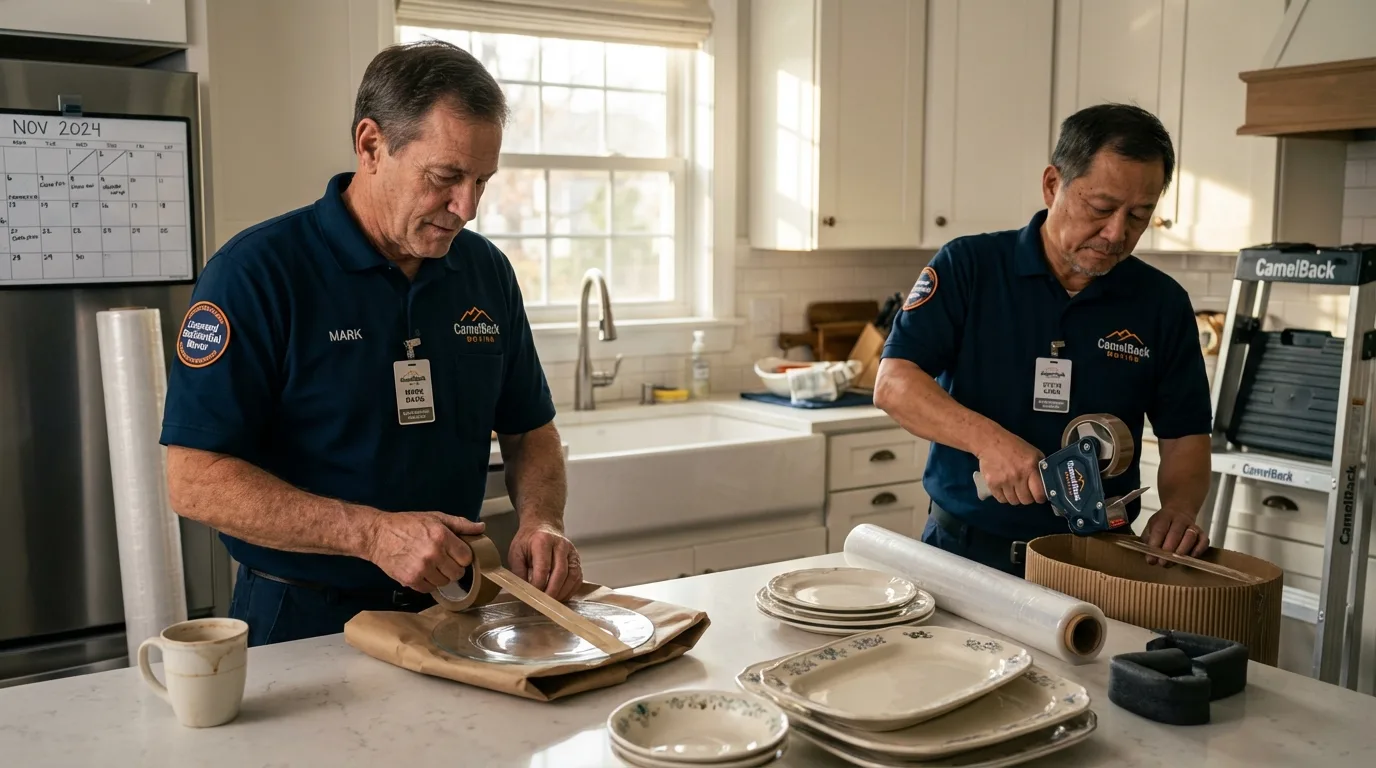 Professional crew packing kitchen dishware in Molino, FL